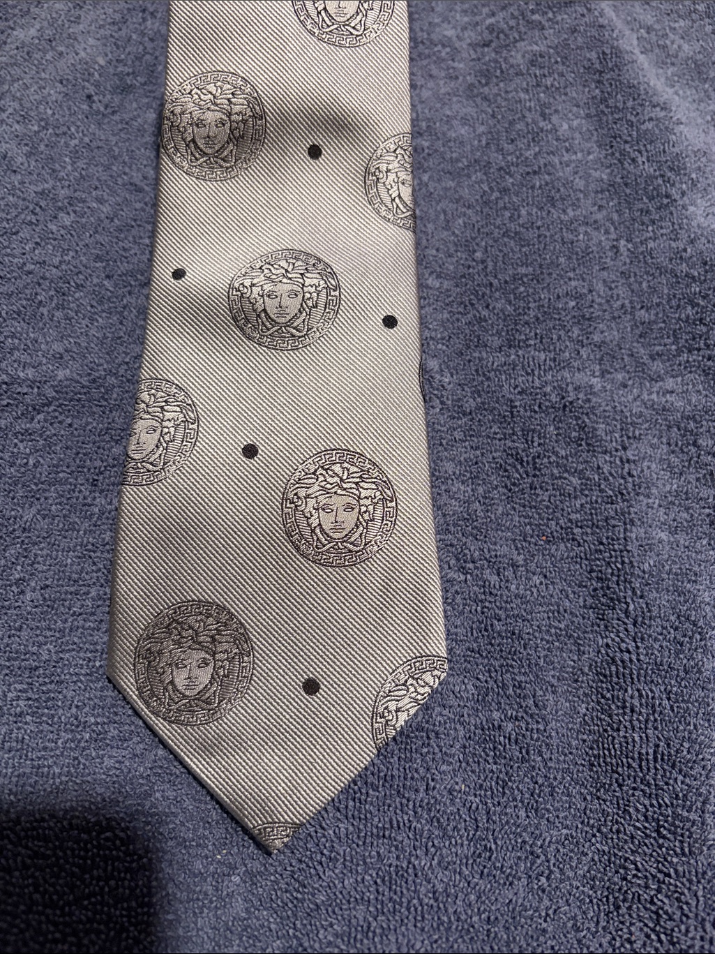 Versace Silver Gray Medusa Silk Tie With Dot Motif